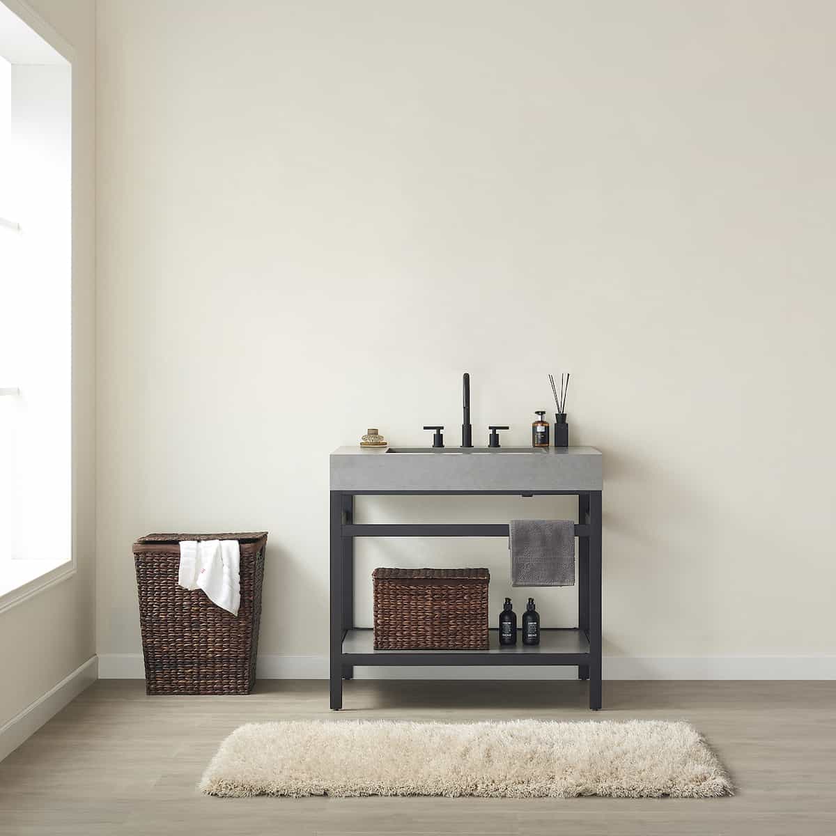 Vinnova Lleida 36 Inch Freestanding Single Sink Bathroom Vanity in Matt Black Support with Grey Sintered Stone Top Without Mirror in Bathroom 702136-TB-WK-NM