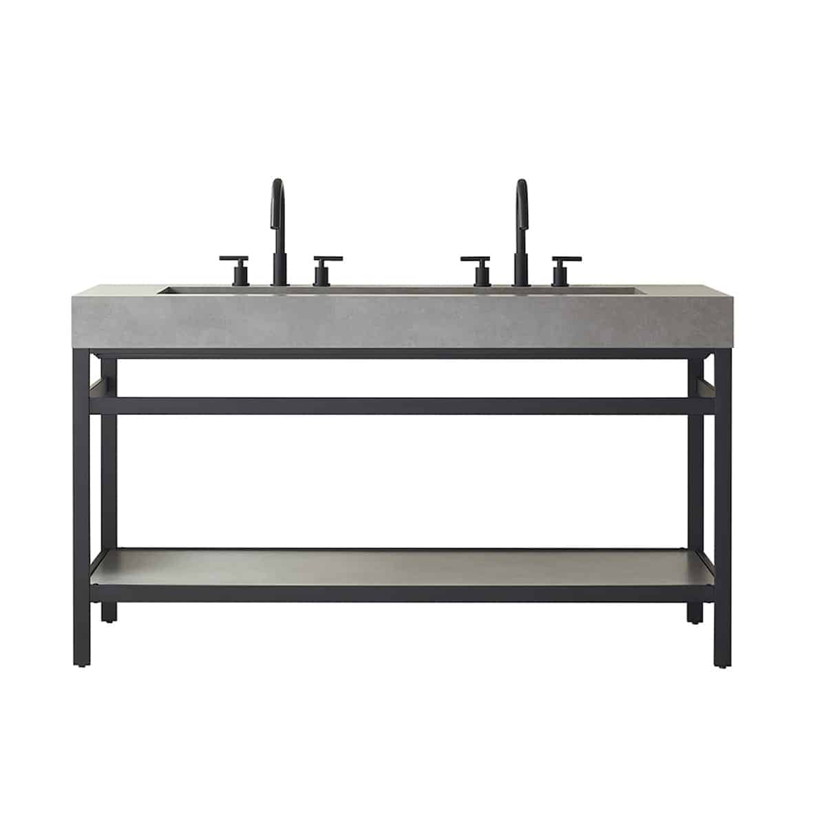 Vinnova Lleida Freestanding Bathroom Double Vanity in Matt Black Metal Support with Grey Sintered Stone Top 7021-TB-WK