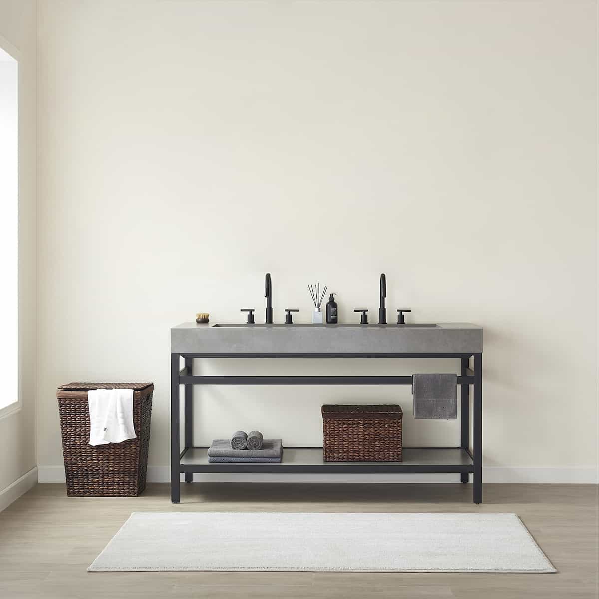 Vinnova Lleida Freestanding Bathroom Double Vanity in Matt Black Metal Support with Grey Sintered Stone Top 7021-TB-WK