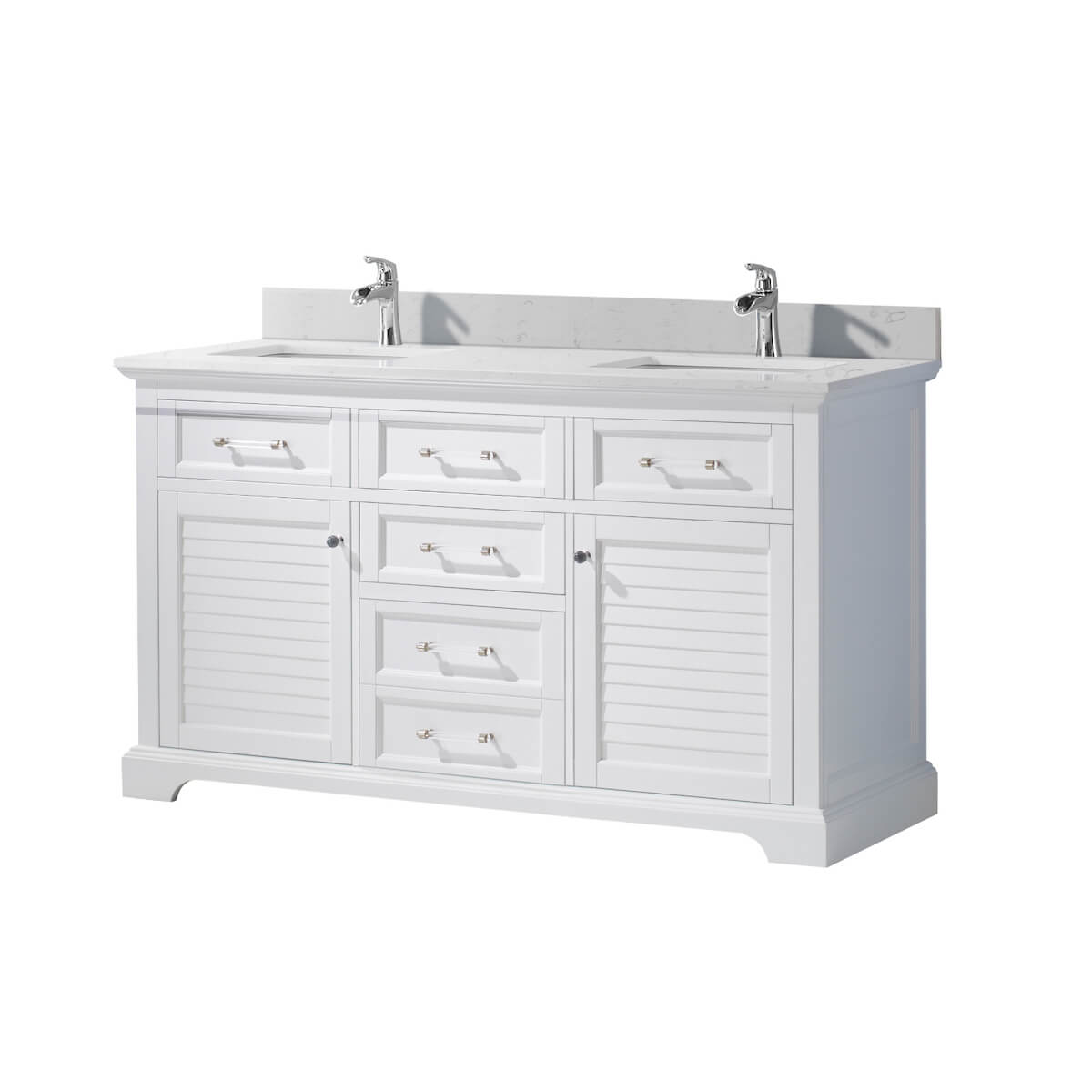 Vinnova Lorna 60 Inch White Freestanding Double Vanity With Composite Carrara White Stone Countertop Without Mirror Side 783060-WH-WS-NM