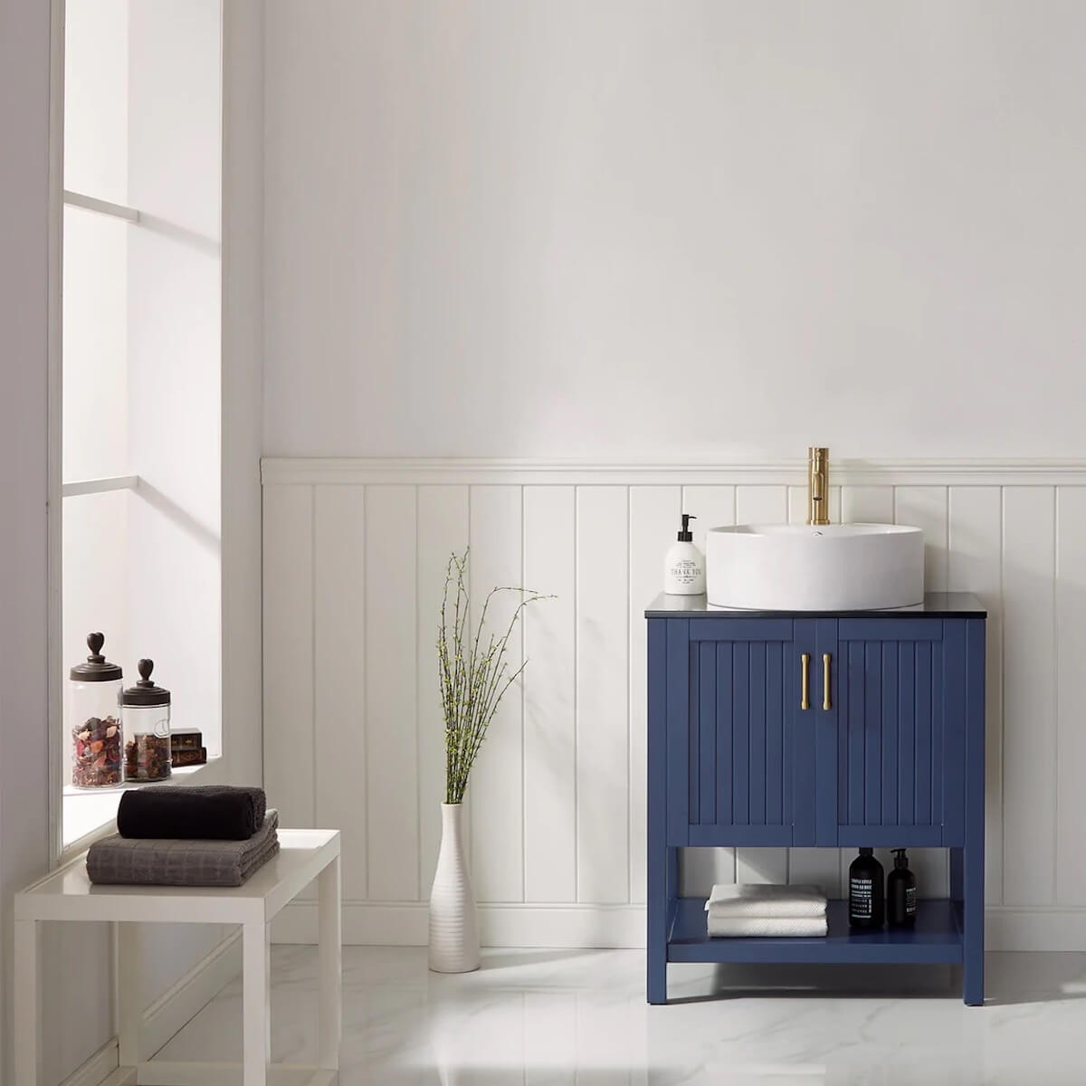 Vinnova Modena 28” Royal Blue Freestanding Single Vanity with Glass Countertop and White Vessel Sink Without Mirror in Bathroom 756028-RB-BG-NM