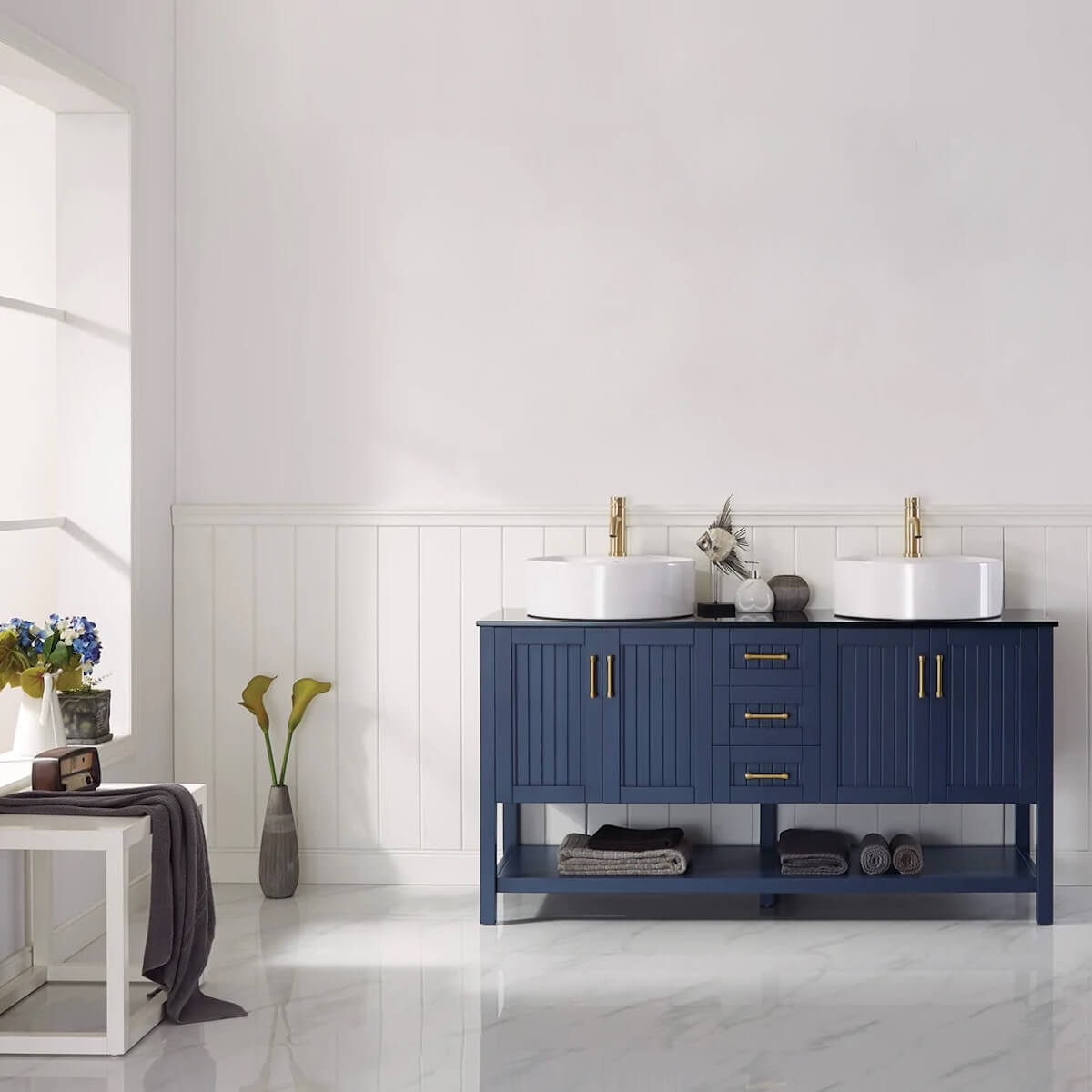 Vinnova Modena 60 Inch Royal Blue Freestanding Double Vanity with Glass Countertop and White Vessel Sink Without Mirror in Bathroom 756060-RB-BG-NM #mirror_without mirror