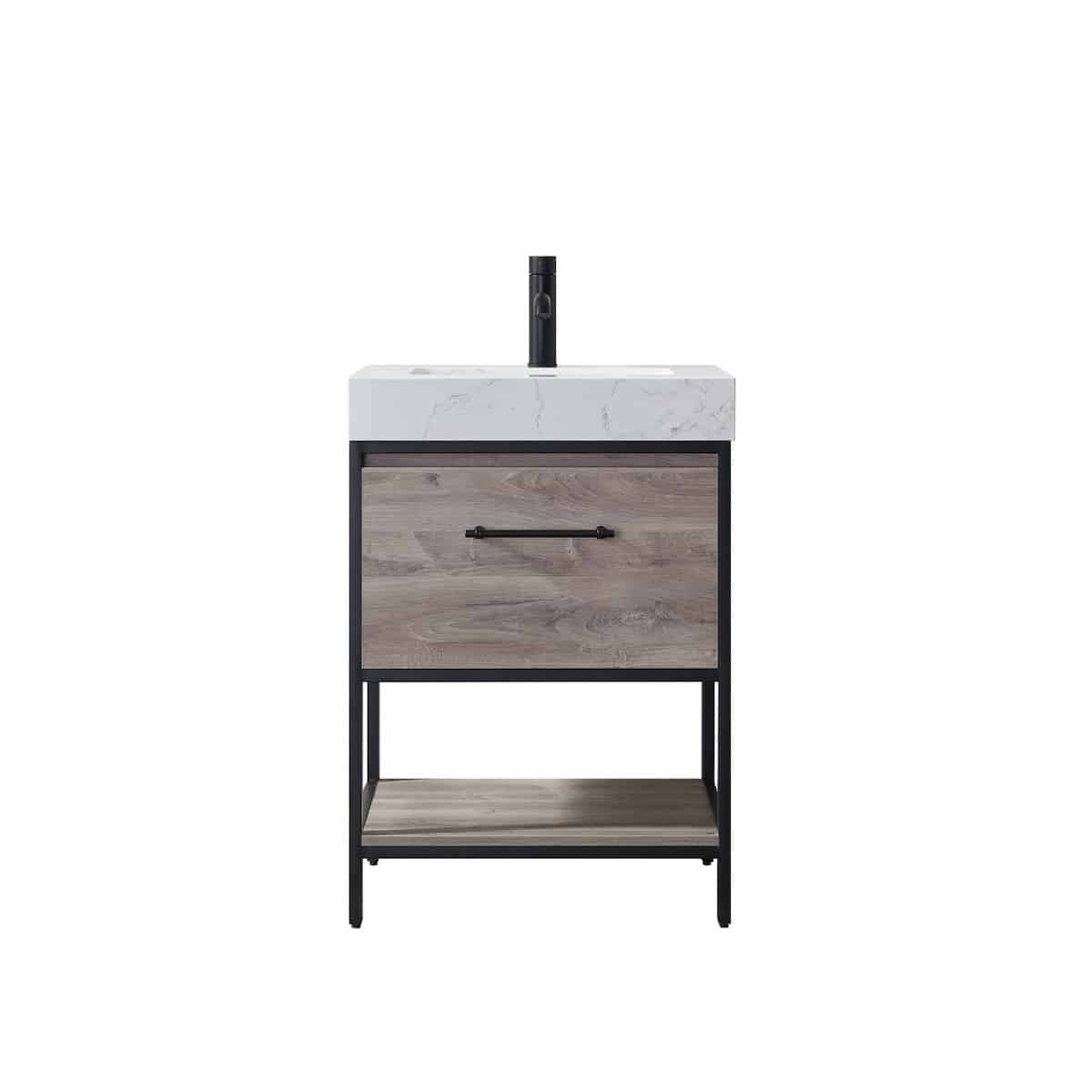 Vinnova Palma 24 Inch Freestanding Single Vanity In Mexican Oak with White Composite Grain Stone Countertop Without Mirror 701224-MXO-GW-NM