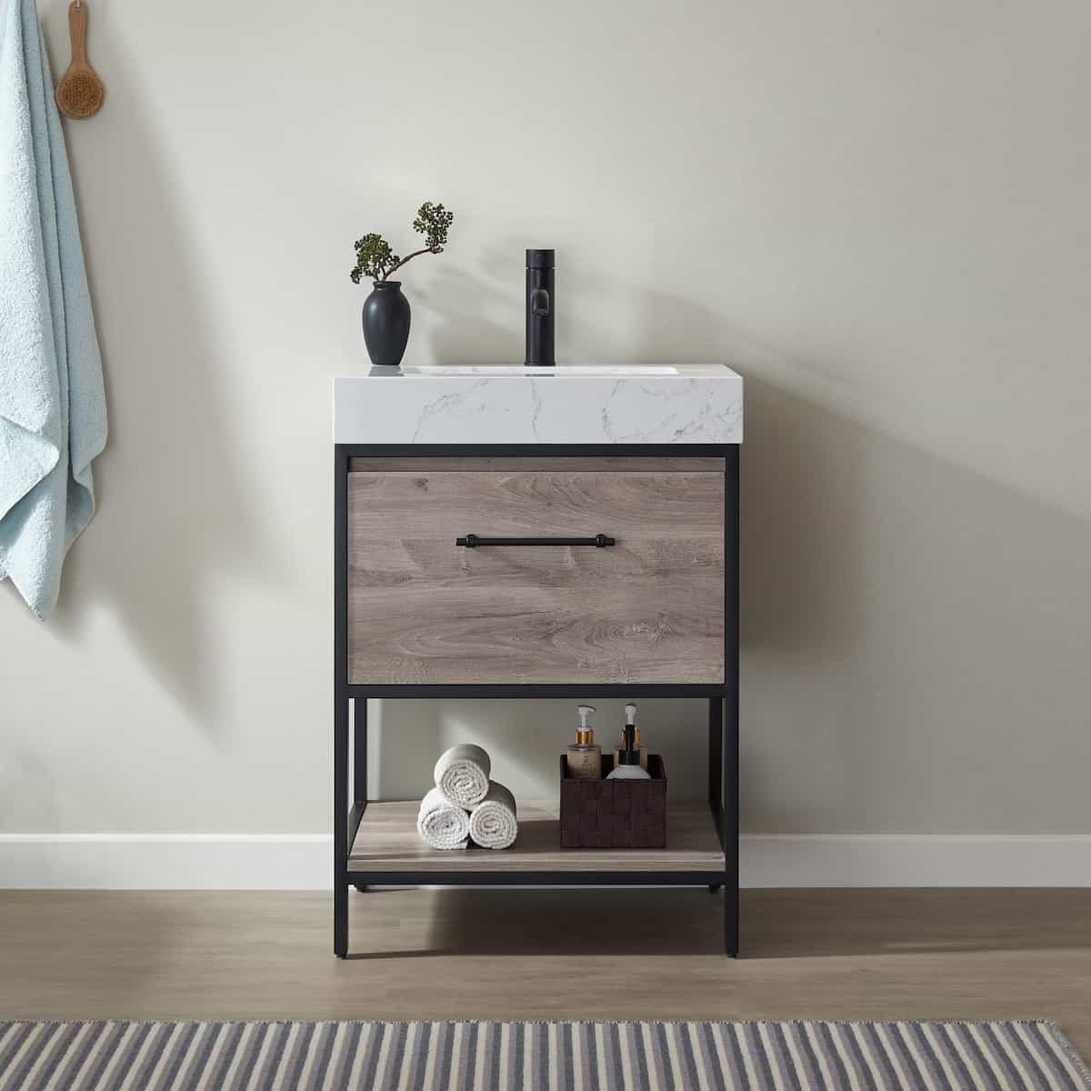 Vinnova Palma 24 Inch Freestanding Single Vanity In Mexican Oak with White Composite Grain Stone Countertop Without Mirror in Bathroom 701224-MXO-GW-NM
