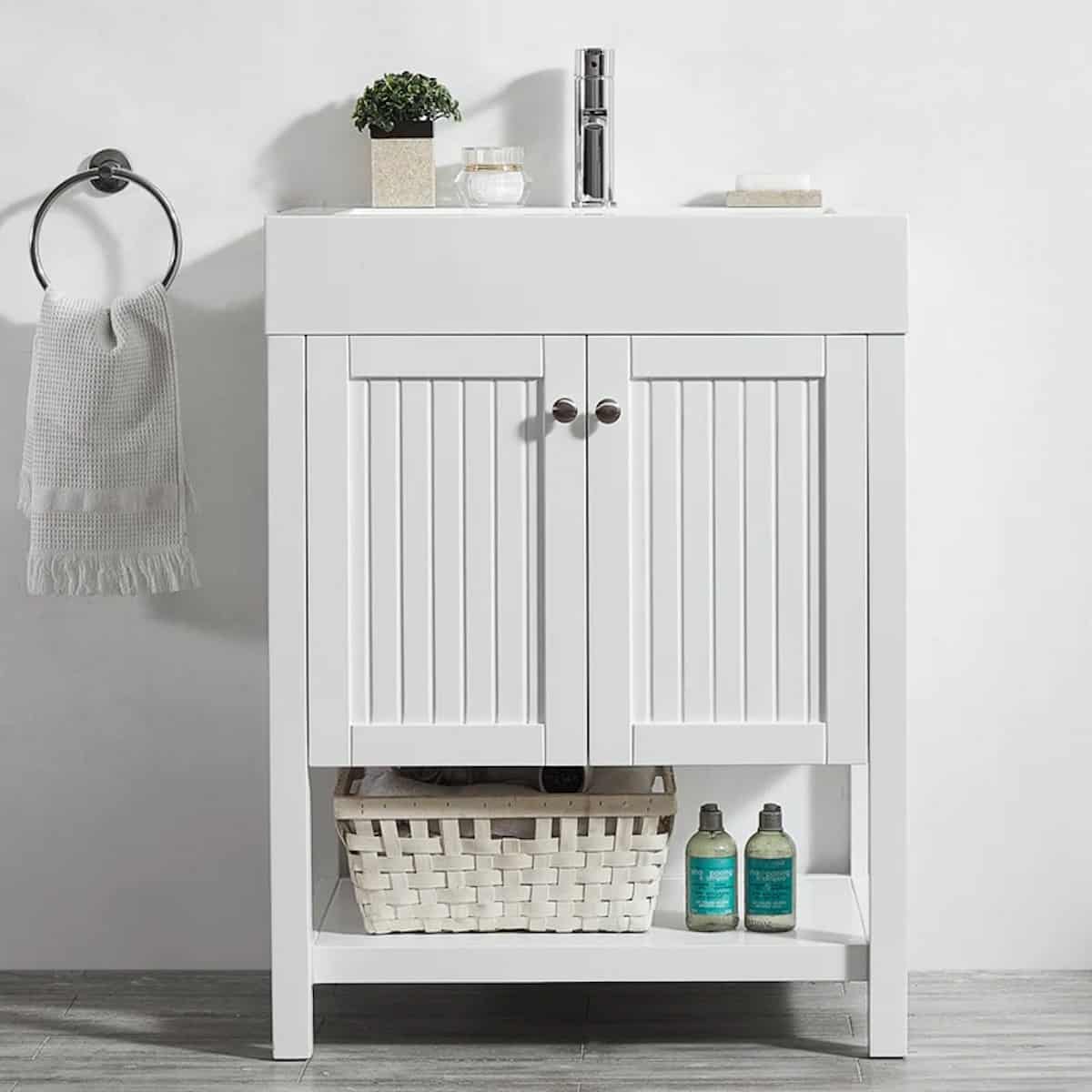 Vinnova Pavia 28 Inch White Freestanding Single Vanity with Acrylic Under-Mount Sink Without Mirror in Bathroom 755028-WH-WH-NM