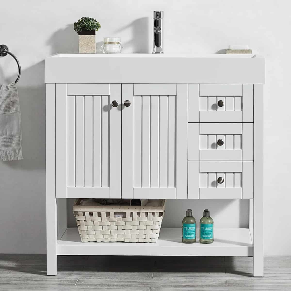 Vinnova Pavia 36 Inch White Freestanding Single Vanity with Acrylic Under-Mount Sink Without Mirror in Bathroom 755036-WH-WH-NM