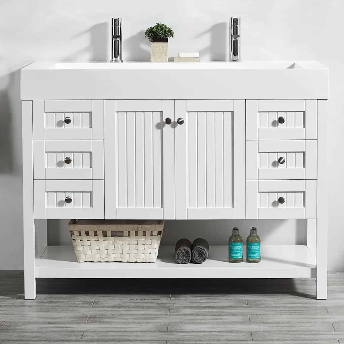 Vinnova Pavia 48 Inch White Freestanding Double Vanity with Acrylic Under-Mount Sink Without Mirror in Bathroom 755048-WH-WH-NM