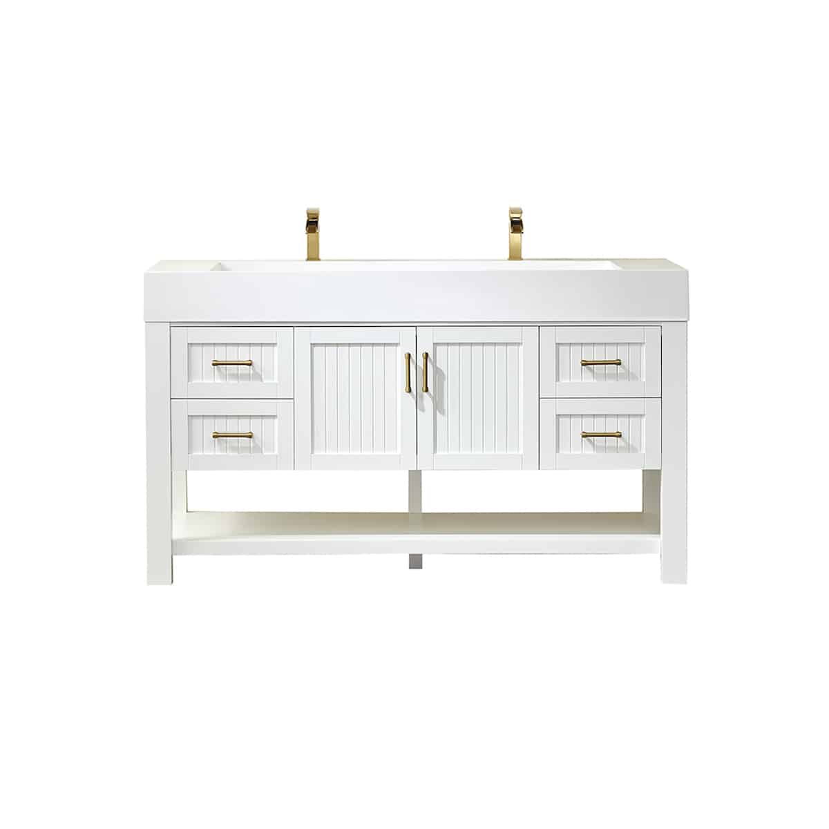 Vinnova Pavia 60 Inch White Freestanding Double Vanity with White Integrated Artificial Stone Sink Without Mirror 755060-WH-WH-NM