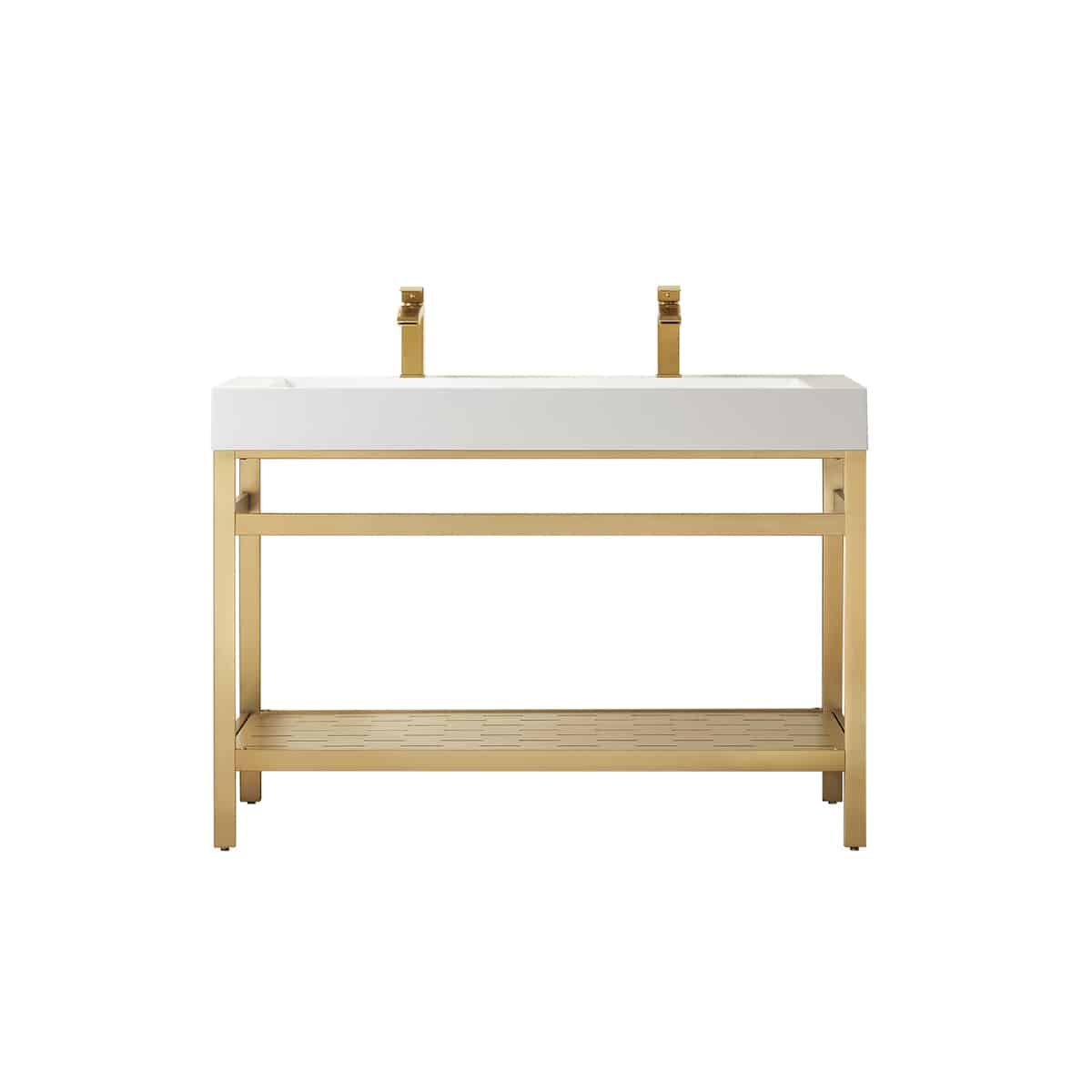 Vinnova Soria 48 Inch Freestanding Double Bath Vanity in Brushed Gold Metal Support with White One-Piece Composite Stone Sink Top Without Mirror 702648-BG-WH-NM
