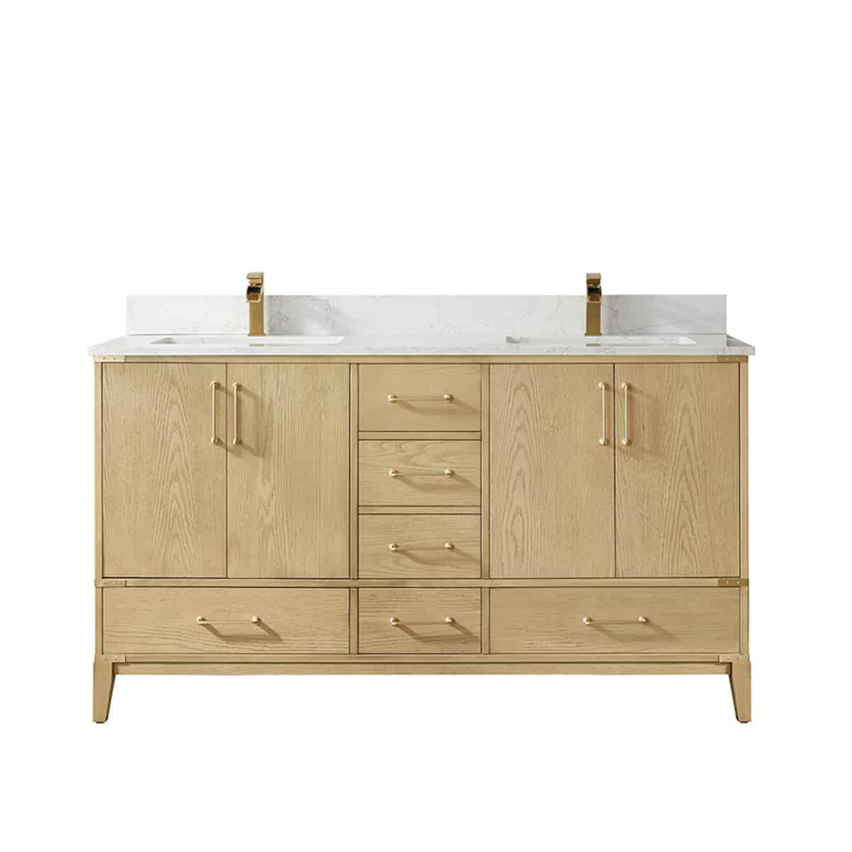 Vinnova Zaragoza 60 Inch Freestanding Double Vanity in Washed Ash with White Composite Grain Stone Countertop Without Mirror 799060-WA-GW-NM