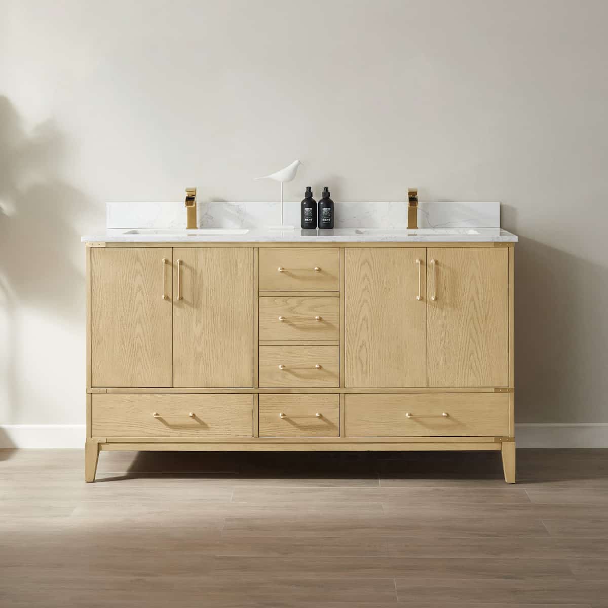 Vinnova Zaragoza 60 Inch Freestanding Double Vanity in Washed Ash with White Composite Grain Stone Countertop Without Mirror in Bathroom 799060-WA-GW-NM