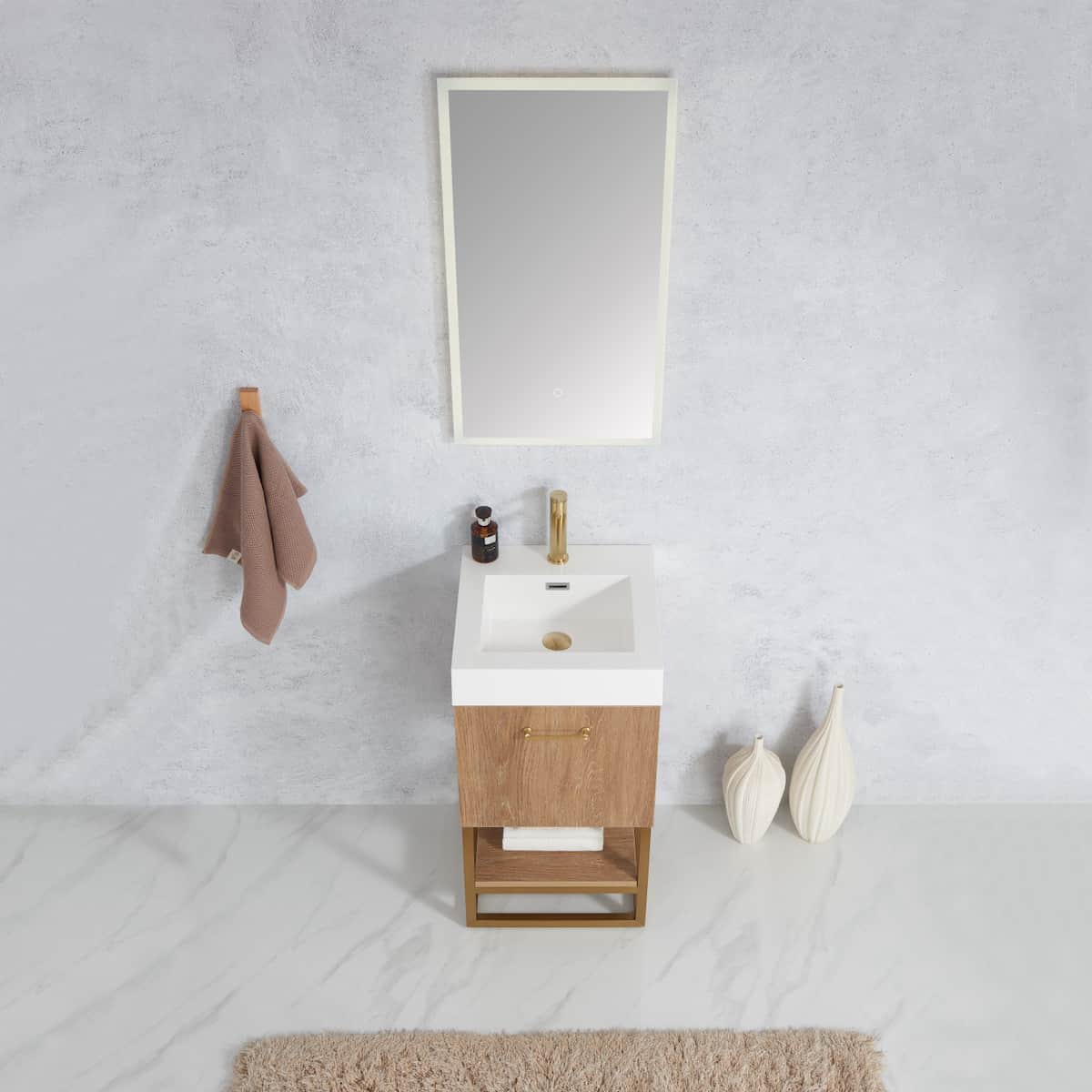 Vinnova Alistair 18 Inch Freestanding Single Sink Bath Vanity in North American Oak Finish and Brushed Gold Frame with Whole Artificial Stone Basin Top With Mirror Sink 789018-NO-WH