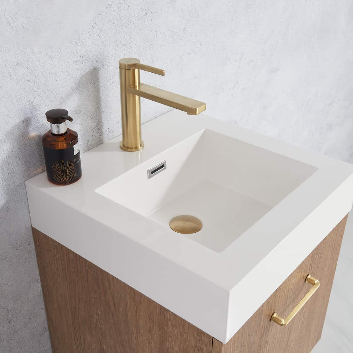 Vinnova Alistair 18 Inch Freestanding Single Sink Bath Vanity in North American Oak Finish and Brushed Gold Frame with Whole Artificial Stone Basin Top Without Mirror Counter 789018-NO-WH-NM