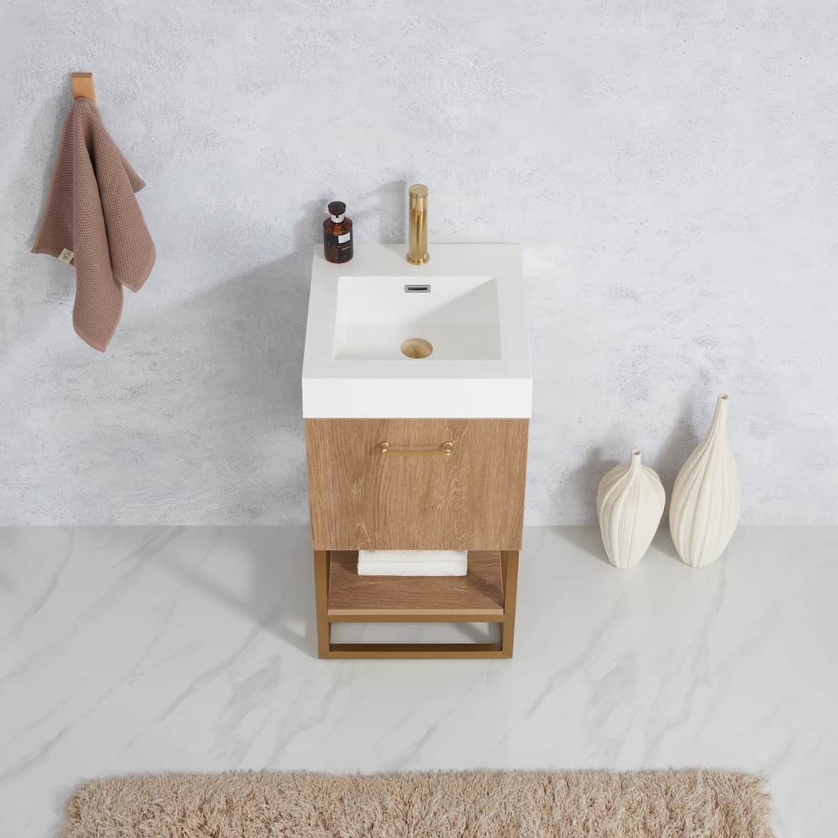 Vinnova Alistair 18 Inch Freestanding Single Sink Bath Vanity in North American Oak Finish and Brushed Gold Frame with Whole Artificial Stone Basin Top Without Mirror Sink 789018-NO-WH-NM