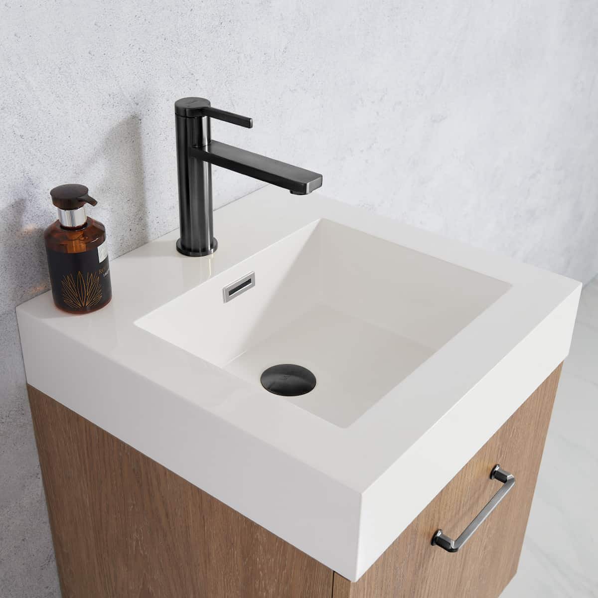 Vinnova Alistair 18 Inch Freestanding Single Sink Bath Vanity in North American Oak Finish and Matte Black Frame with Whole Artificial Stone Basin Top Without Mirror Counter 789018B-NO-WH-NM