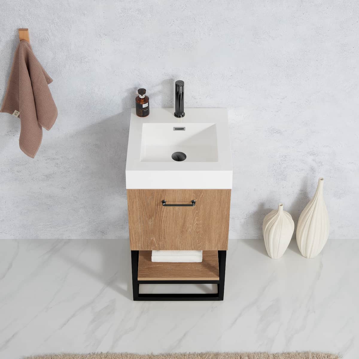 Vinnova Alistair 18 Inch Freestanding Single Sink Bath Vanity in North American Oak Finish and Matte Black Frame with Whole Artificial Stone Basin Top Without Mirror Sink 789018B-NO-WH-NM