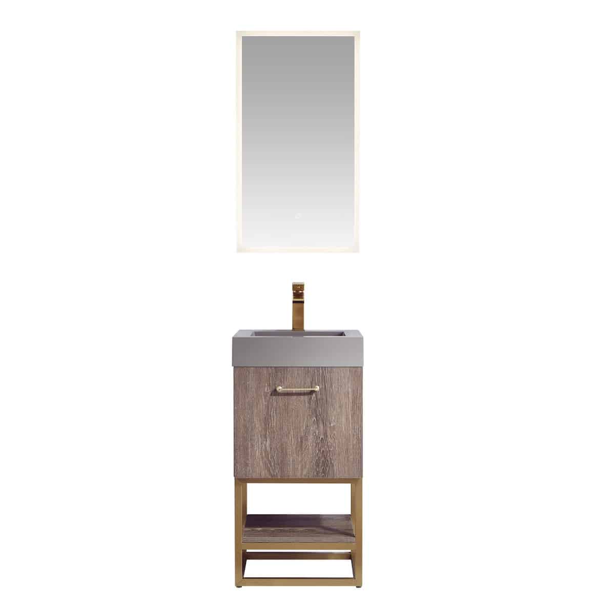 Vinnova Alistair 18 Inch Freestanding Single Sink Bath Vanity in North Carolina Oak and Brushed Gold Frame with Grey Composite Integral Square Sink Top With Mirror 789018-NC-GR