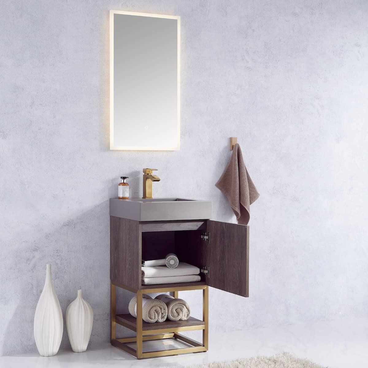 Vinnova Alistair 18 Inch Freestanding Single Sink Bath Vanity in North Carolina Oak and Brushed Gold Frame with Grey Composite Integral Square Sink Top With Mirror Inside 789018-NC-GR