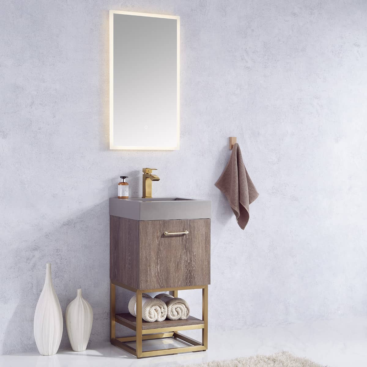 Vinnova Alistair 18 Inch Freestanding Single Sink Bath Vanity in North Carolina Oak and Brushed Gold Frame with Grey Composite Integral Square Sink Top With Mirror Side 789018-NC-GR