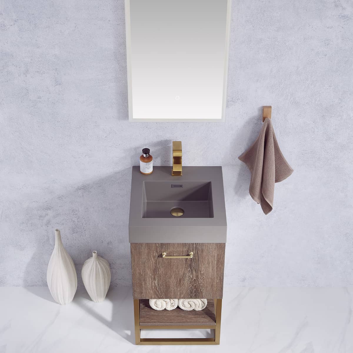 Vinnova Alistair 18 Inch Freestanding Single Sink Bath Vanity in North Carolina Oak and Brushed Gold Frame with Grey Composite Integral Square Sink Top With Mirror Sink 789018-NC-GR