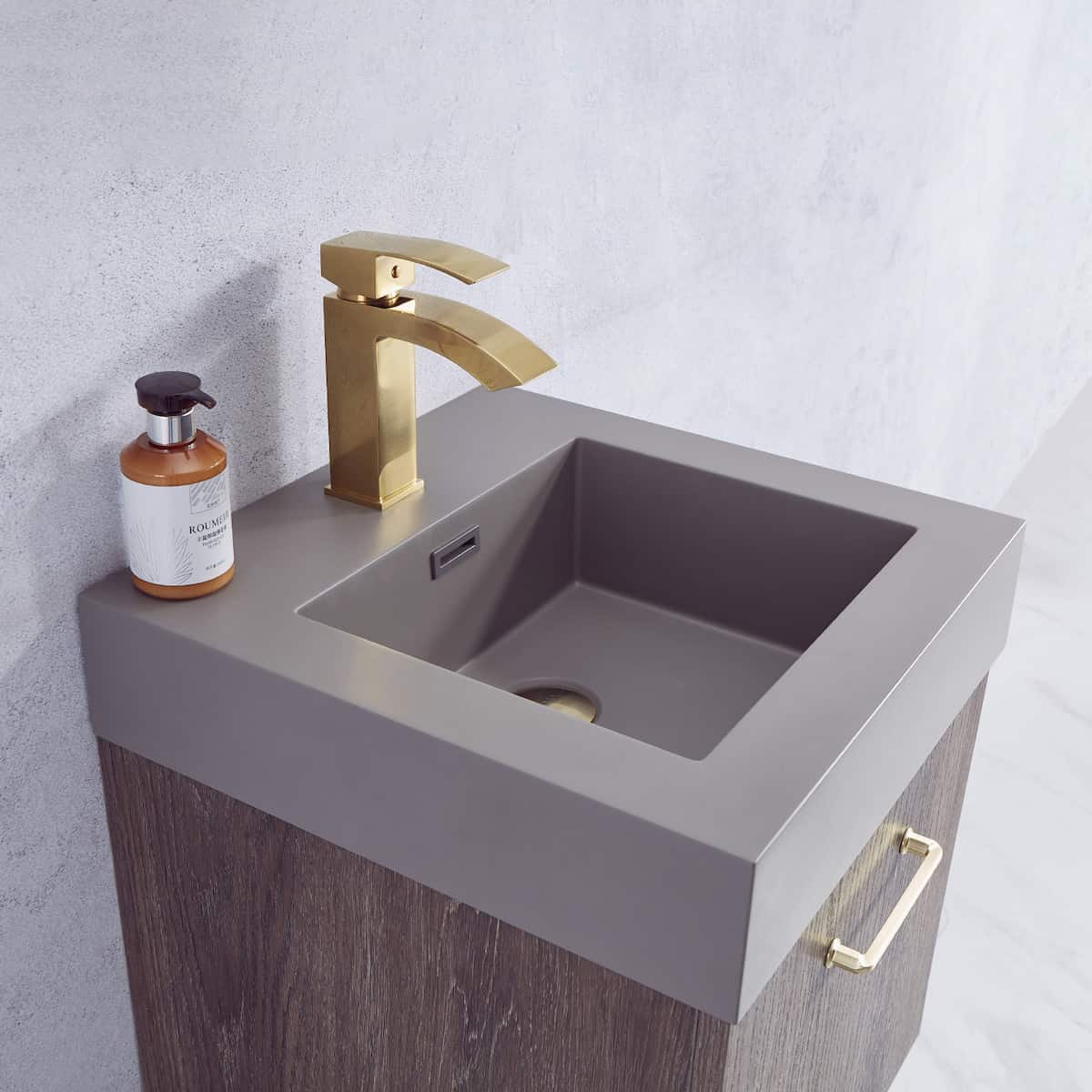 Vinnova Alistair 18 Inch Freestanding Single Sink Bath Vanity in North Carolina Oak and Brushed Gold Frame with Grey Composite Integral Square Sink Top Without Mirror Counter 789018-NC-GR-NM