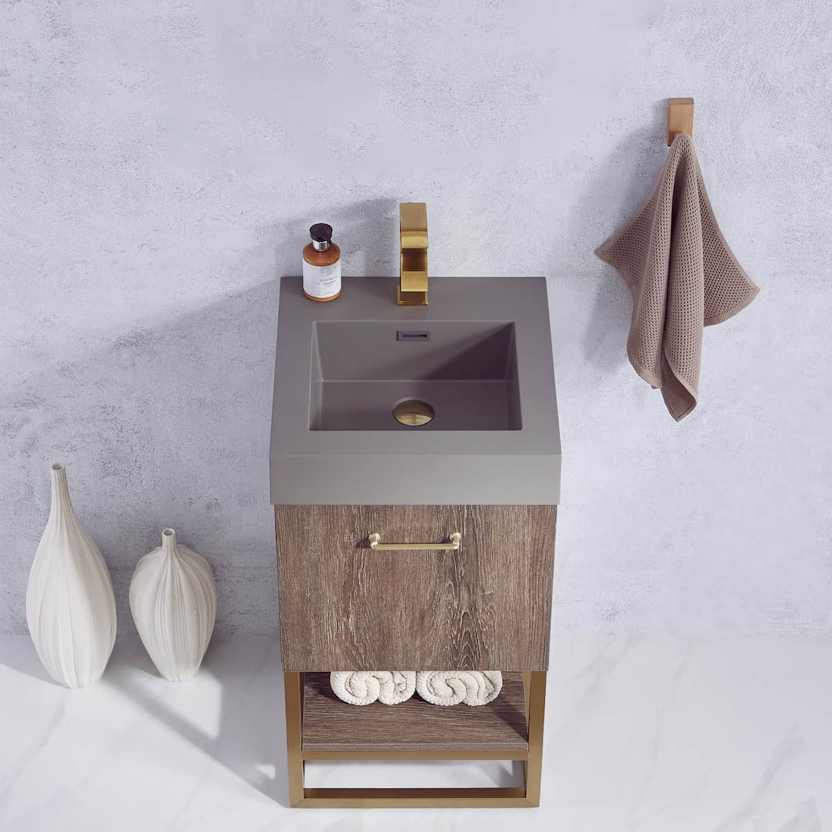 Vinnova Alistair 18 Inch Freestanding Single Sink Bath Vanity in North Carolina Oak and Brushed Gold Frame with Grey Composite Integral Square Sink Top Without Mirror Sink 789018-NC-GR-NM