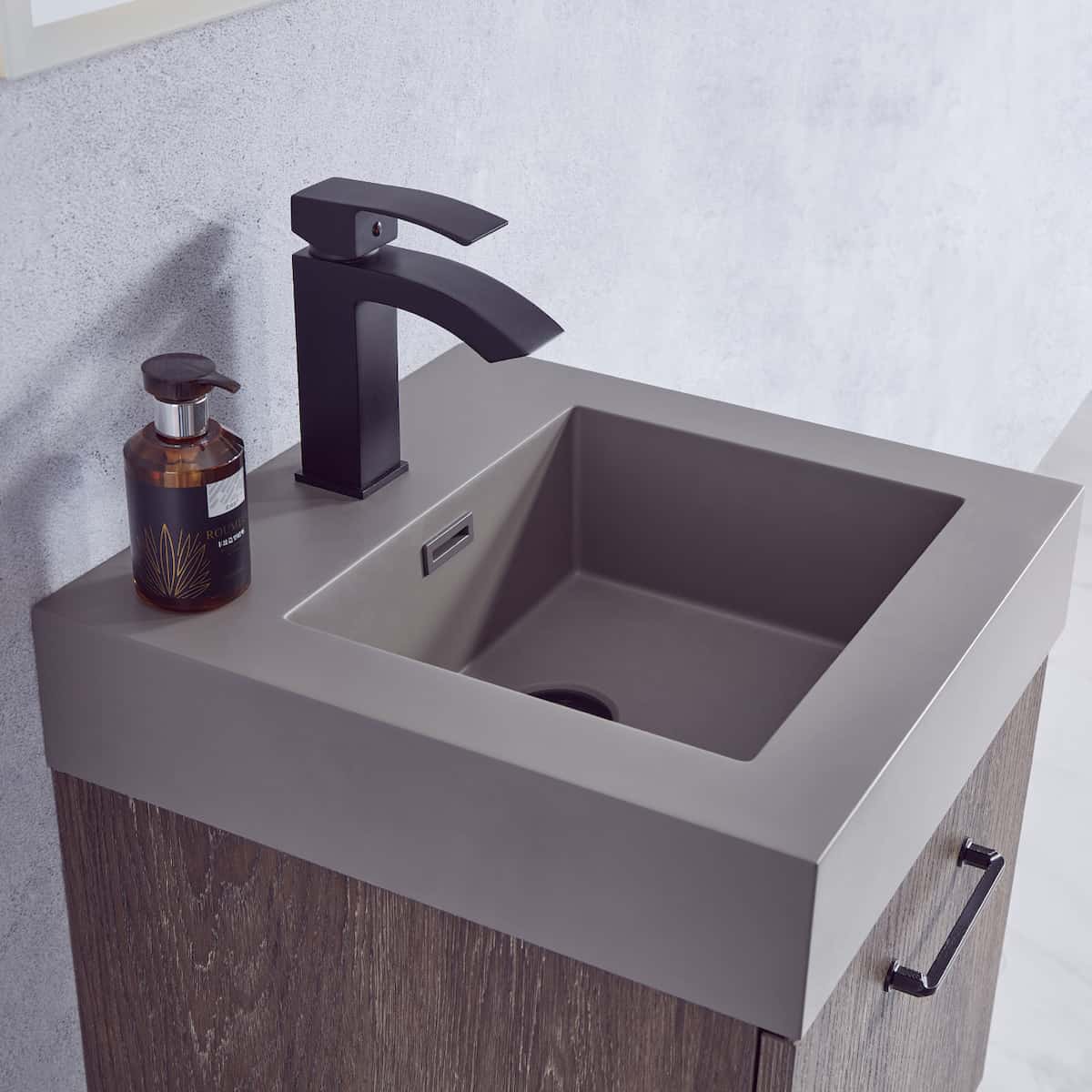 Vinnova Alistair 18 Inch Freestanding Single Sink Bath Vanity in North Carolina Oak and Matte Black Frame with Grey Composite Integral Square Sink Top With Mirror Counter 789018B-NC-GR