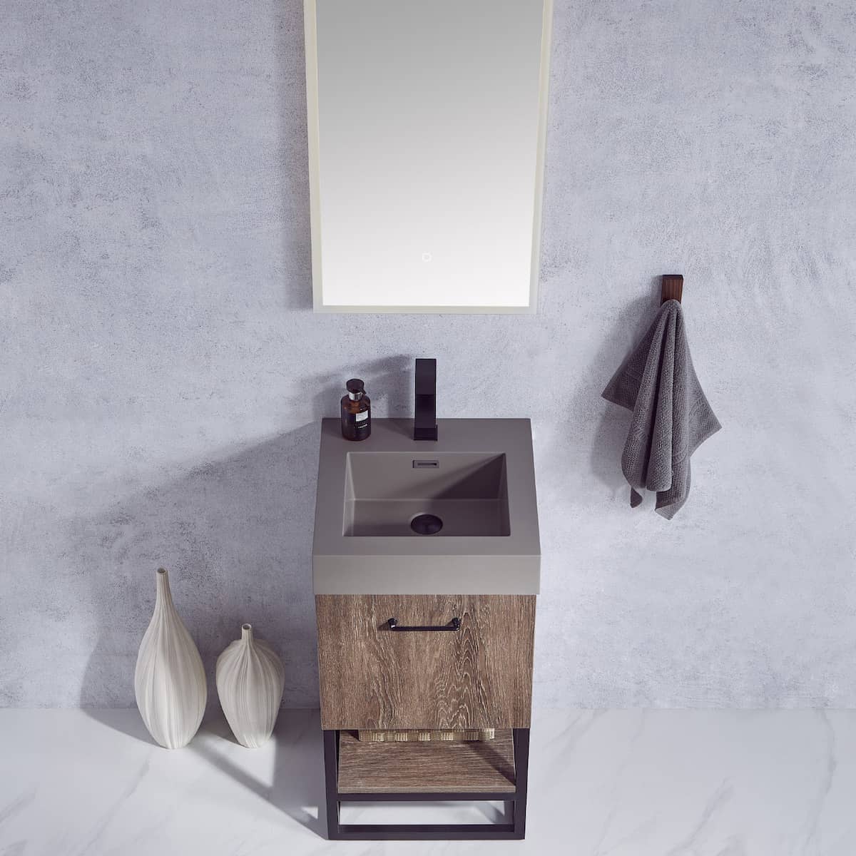 Vinnova Alistair 18 Inch Freestanding Single Sink Bath Vanity in North Carolina Oak and Matte Black Frame with Grey Composite Integral Square Sink Top With Mirror Sink 789018B-NC-GR