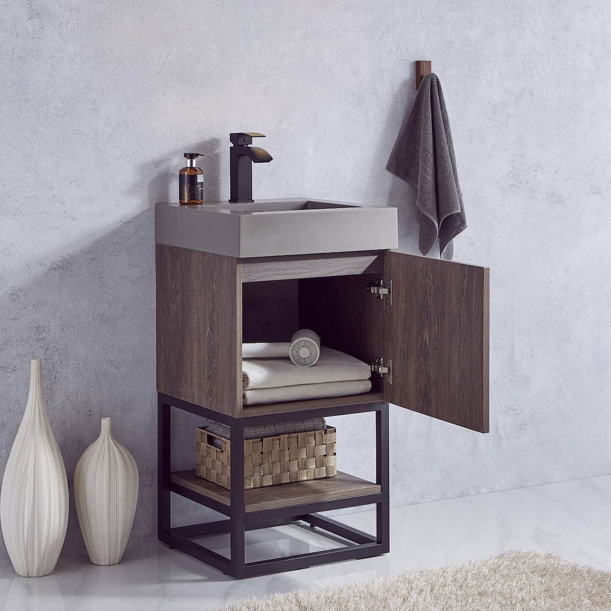 Vinnova Alistair 18 Inch Freestanding Single Sink Bath Vanity in North Carolina Oak and Matte Black Frame with Grey Composite Integral Square Sink Top Without Mirror Inside 789018B-NC-GR-NM
