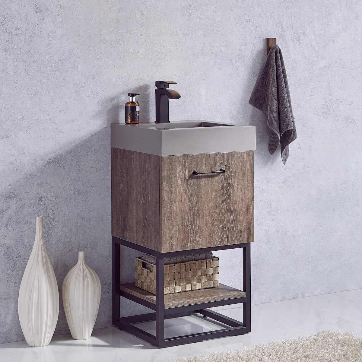 Vinnova Alistair 18 Inch Freestanding Single Sink Bath Vanity in North Carolina Oak and Matte Black Frame with Grey Composite Integral Square Sink Top Without Mirror Side 789018B-NC-GR-NM