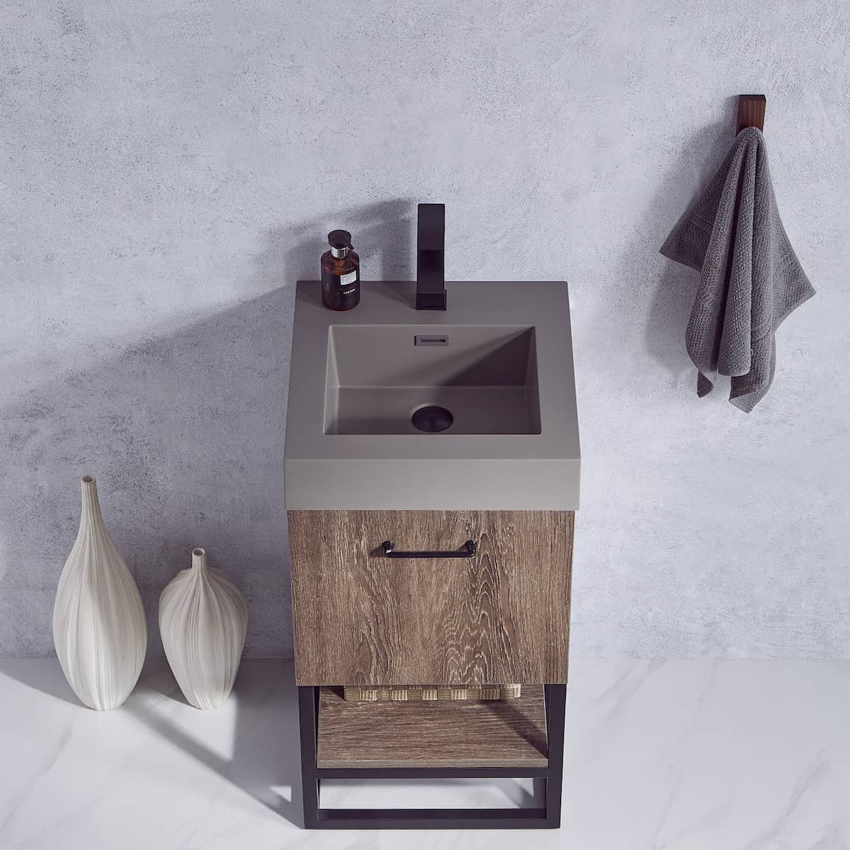 Vinnova Alistair 18 Inch Freestanding Single Sink Bath Vanity in North Carolina Oak and Matte Black Frame with Grey Composite Integral Square Sink Top Without Mirror Sink 789018B-NC-GR-NM