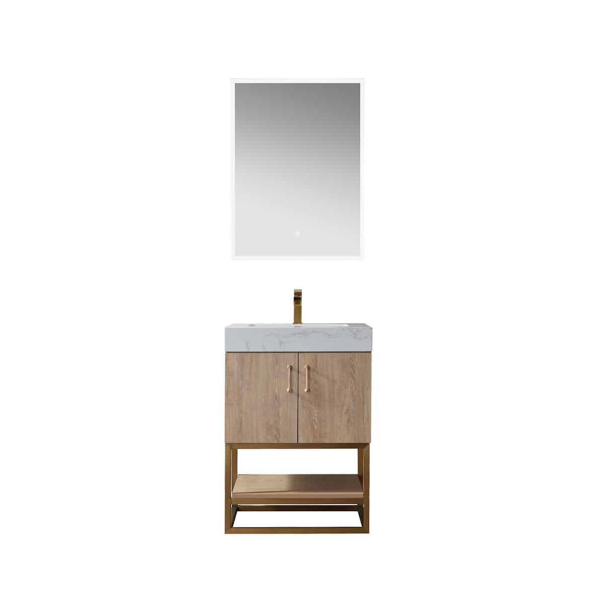 Vinnova Alistair 24 Inch Freestanding Single Vanity in North American Oak and Brushed Gold Frame with White Grain Stone Countertop With Mirror 789024-NO-GW