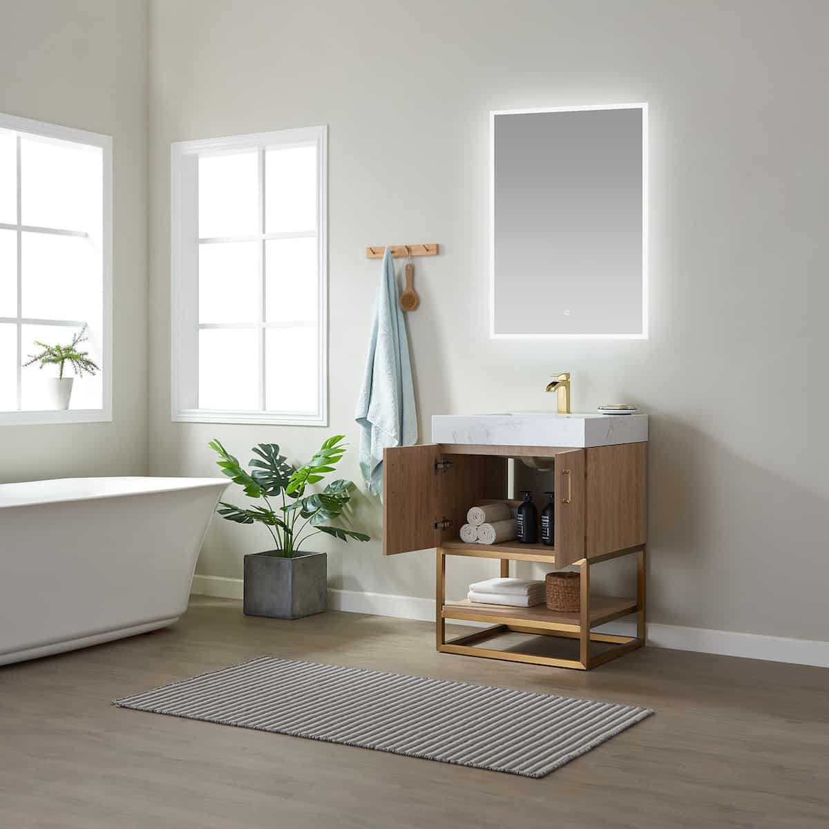 Vinnova Alistair 24 Inch Freestanding Single Vanity in North American Oak and Brushed Gold Frame with White Grain Stone Countertop With Mirror Inside 789024-NO-GW