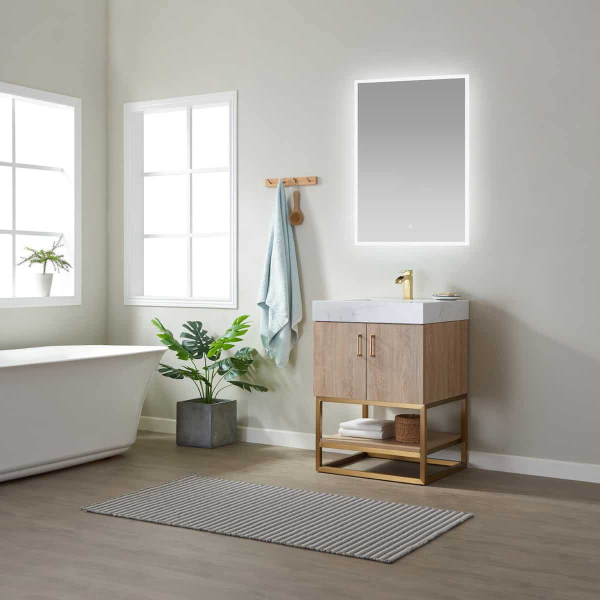 Vinnova Alistair 24 Inch Freestanding Single Vanity in North American Oak and Brushed Gold Frame with White Grain Stone Countertop With Mirror Side 789024-NO-GW