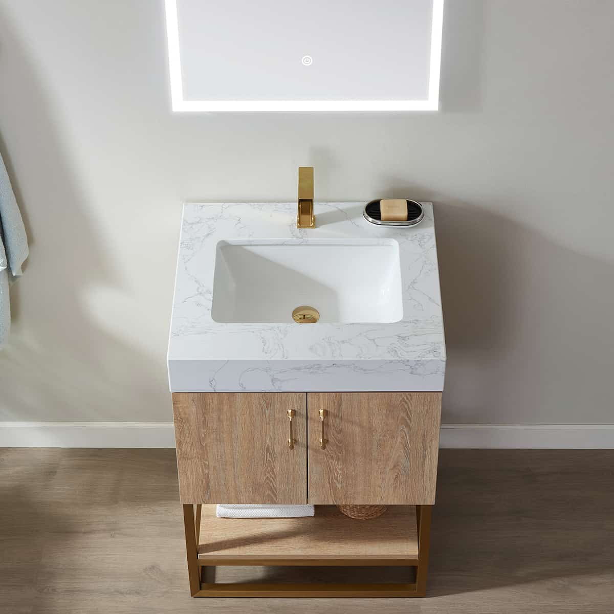 Vinnova Alistair 24 Inch Freestanding Single Vanity in North American Oak and Brushed Gold Frame with White Grain Stone Countertop With Mirror Sink 789024-NO-GW