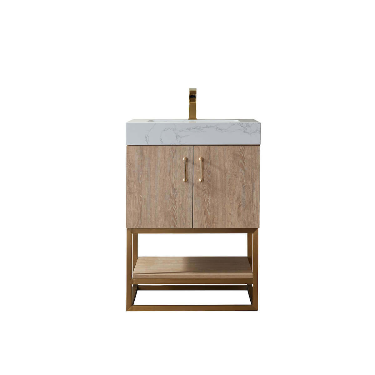 Vinnova Alistair 24 Inch Freestanding Single Vanity in North American Oak and Brushed Gold Frame with White Grain Stone Countertop Without Mirror 789024-NO-GW-NM