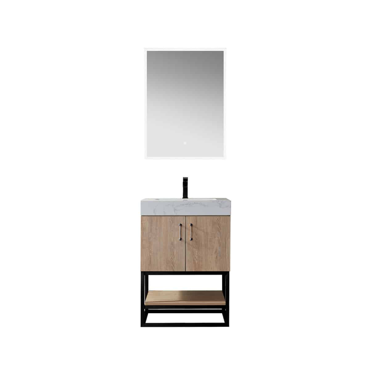 Vinnova Alistair 24 Inch Freestanding Single Vanity in North American Oak and Matte Black Frame with White Grain Stone Countertop With Mirror 789024B-NO-GW