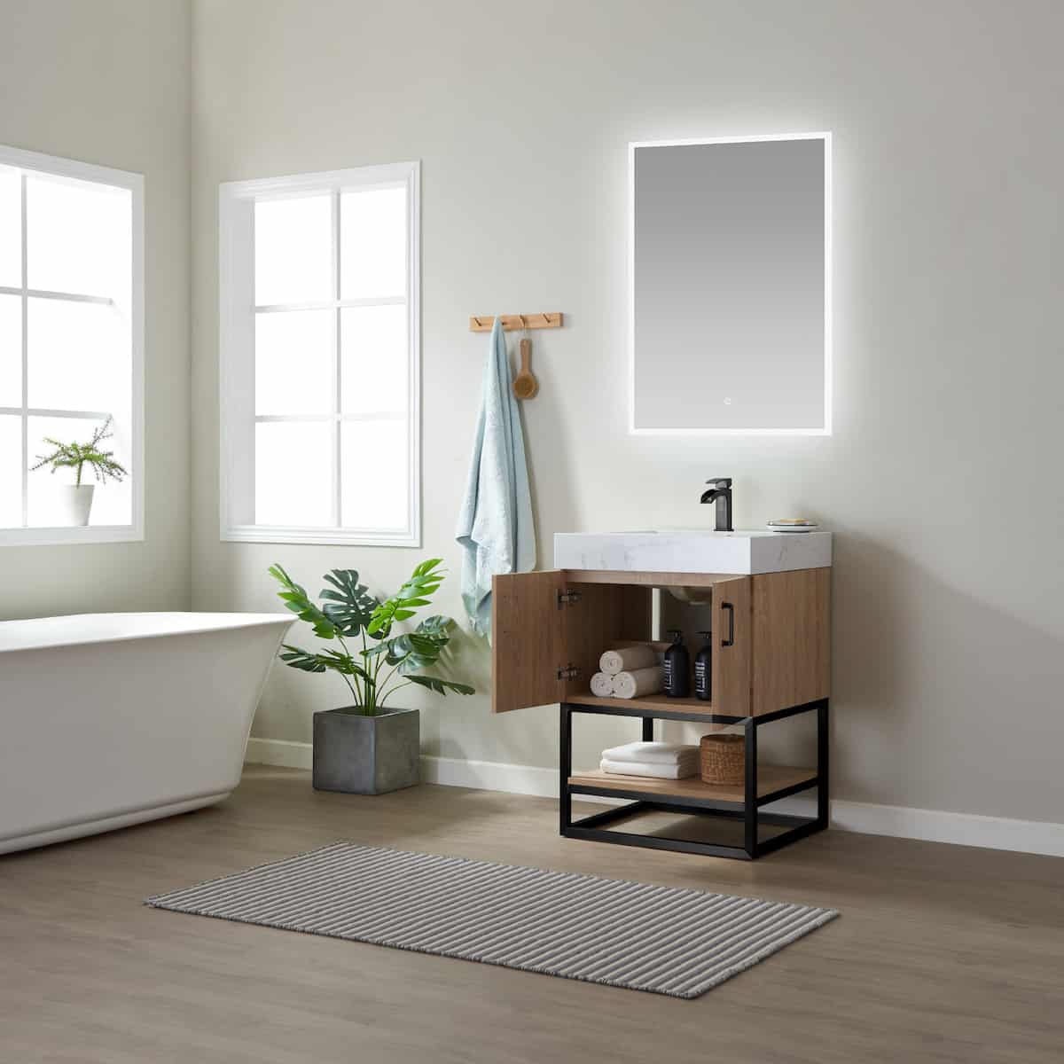 Vinnova Alistair 24 Inch Freestanding Single Vanity in North American Oak and Matte Black Frame with White Grain Stone Countertop With Mirror Inside 789024B-NO-GW