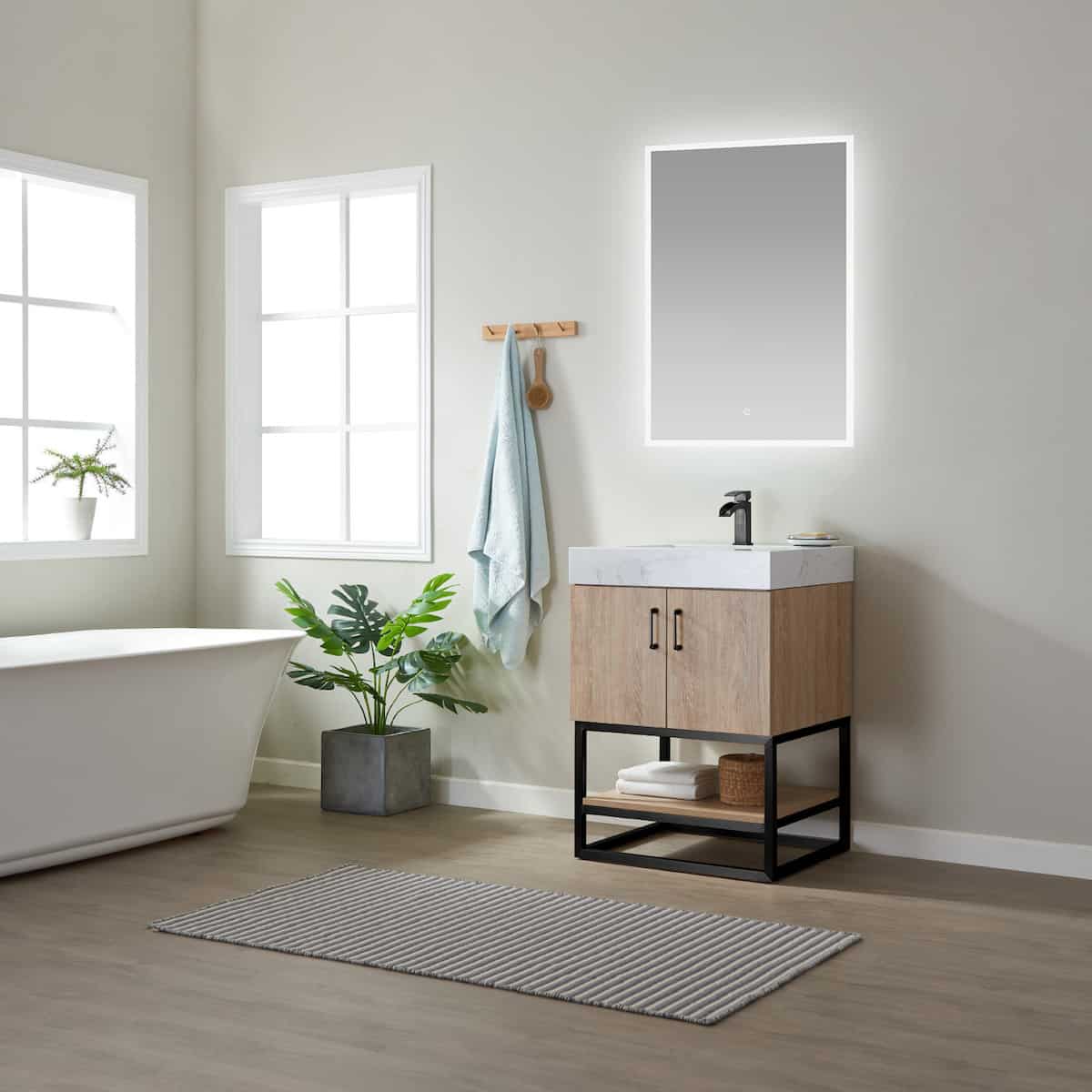 Vinnova Alistair 24 Inch Freestanding Single Vanity in North American Oak and Matte Black Frame with White Grain Stone Countertop With Mirror Side 789024B-NO-GW
