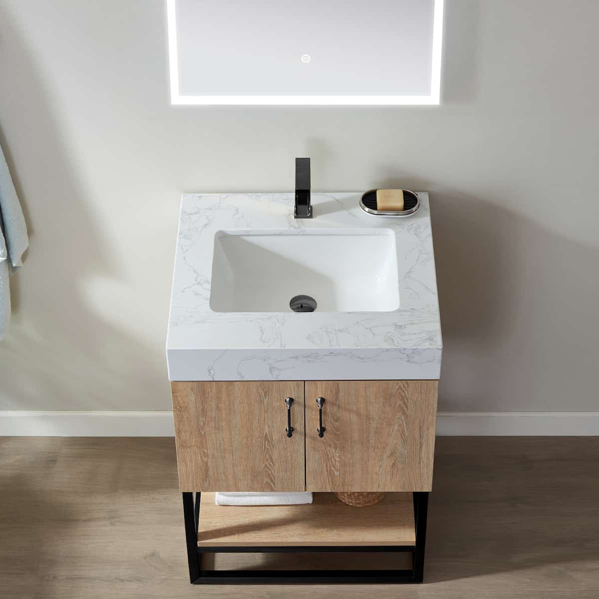 Vinnova Alistair 24 Inch Freestanding Single Vanity in North American Oak and Matte Black Frame with White Grain Stone Countertop With Mirror Sink 789024B-NO-GW