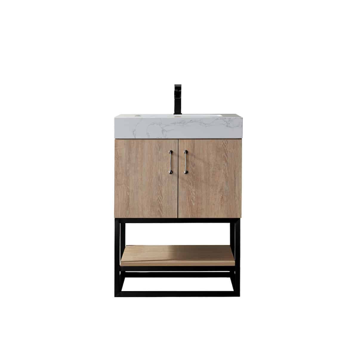 Vinnova Alistair 24 Inch Freestanding Single Vanity in North American Oak and Matte Black Frame with White Grain Stone Countertop Without Mirror 789024B-NO-GW-NM