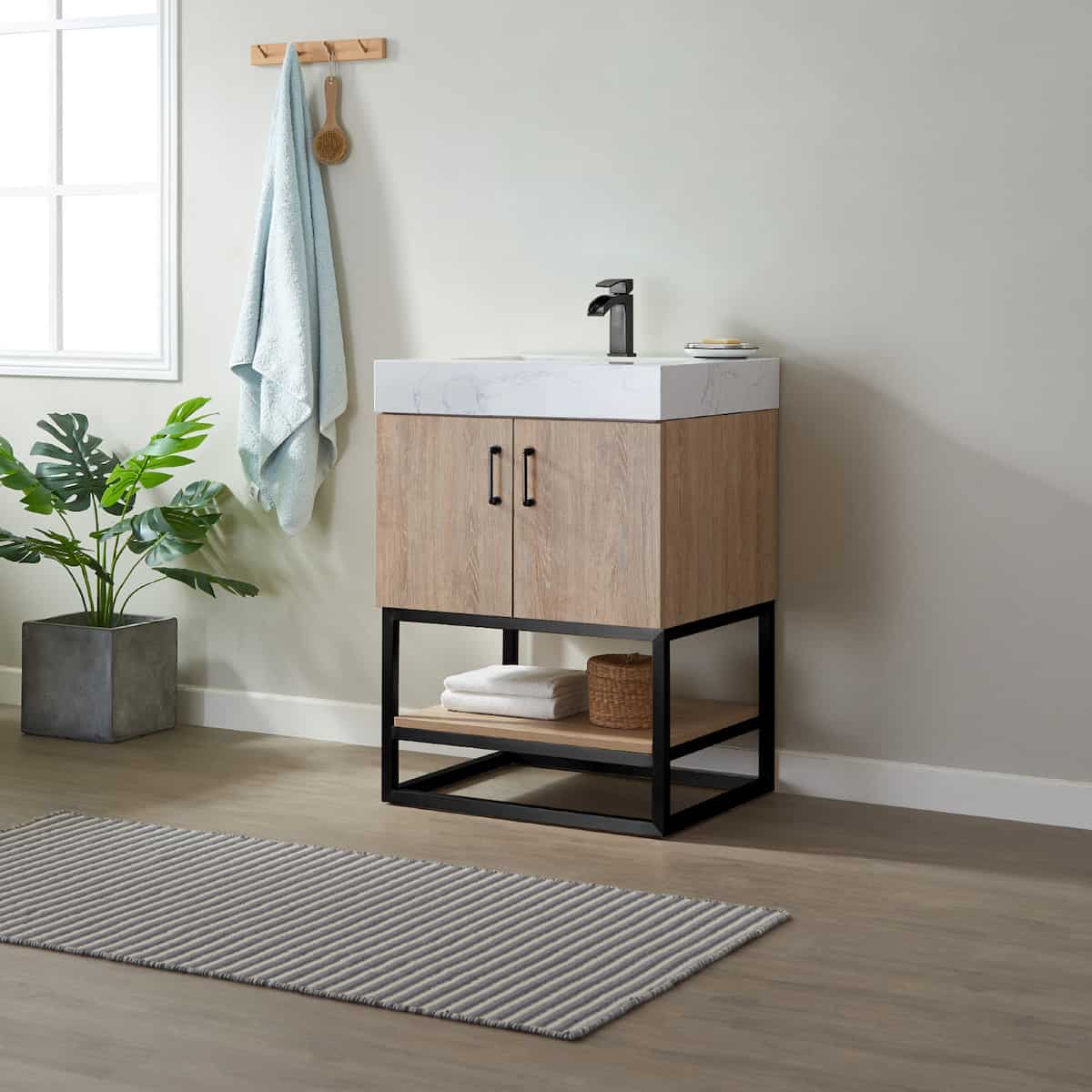 Vinnova Alistair 24 Inch Freestanding Single Vanity in North American Oak and Matte Black Frame with White Grain Stone Countertop Without Mirror Side 789024B-NO-GW-NM