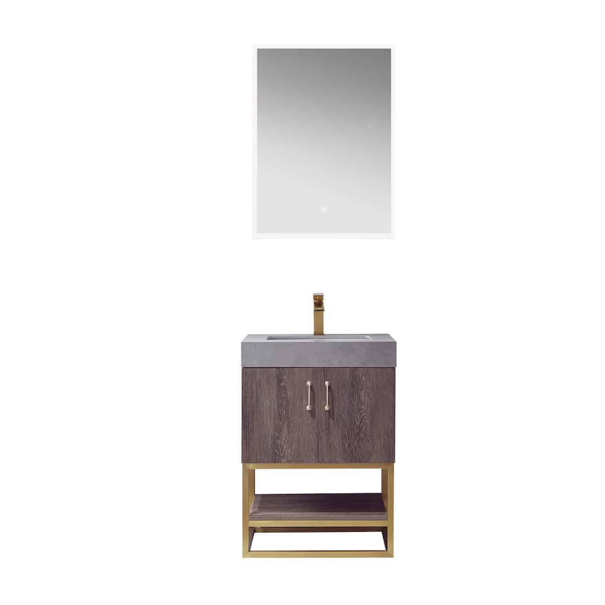 Vinnova Alistair 24 Inch Freestanding Single Vanity in North Carolina Oak and Brushed Gold Frame with  Grey Sintered Stone Top with Mirror 789024-NC-WK
