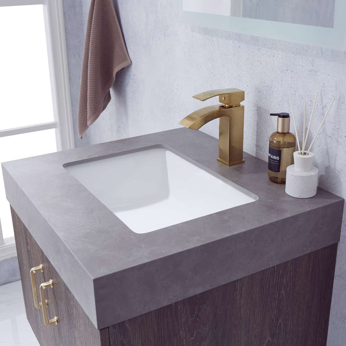 Vinnova Alistair 24 Inch Freestanding Single Vanity in North Carolina Oak and Brushed Gold Frame with  Grey Sintered Stone Top with Mirror Counter 789024-NC-WK
