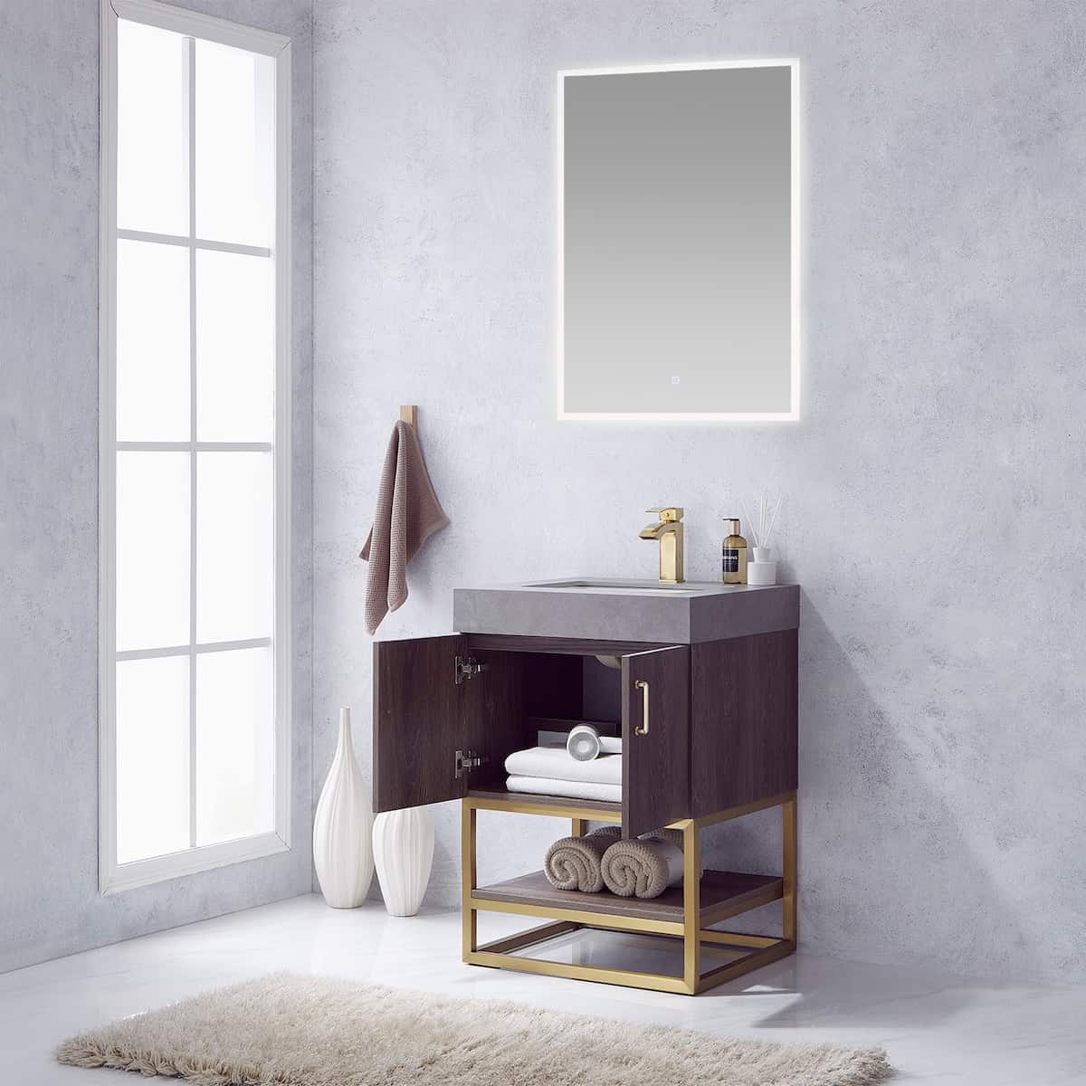 Vinnova Alistair 24 Inch Freestanding Single Vanity in North Carolina Oak and Brushed Gold Frame with  Grey Sintered Stone Top with Mirror Inside 789024-NC-WK