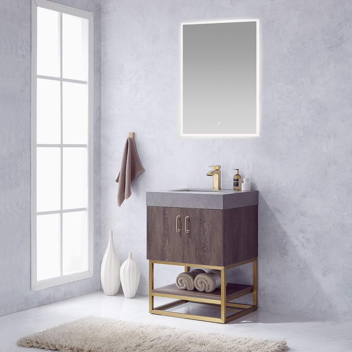 Vinnova Alistair 24 Inch Freestanding Single Vanity in North Carolina Oak and Brushed Gold Frame with  Grey Sintered Stone Top with Mirror Side 789024-NC-WK