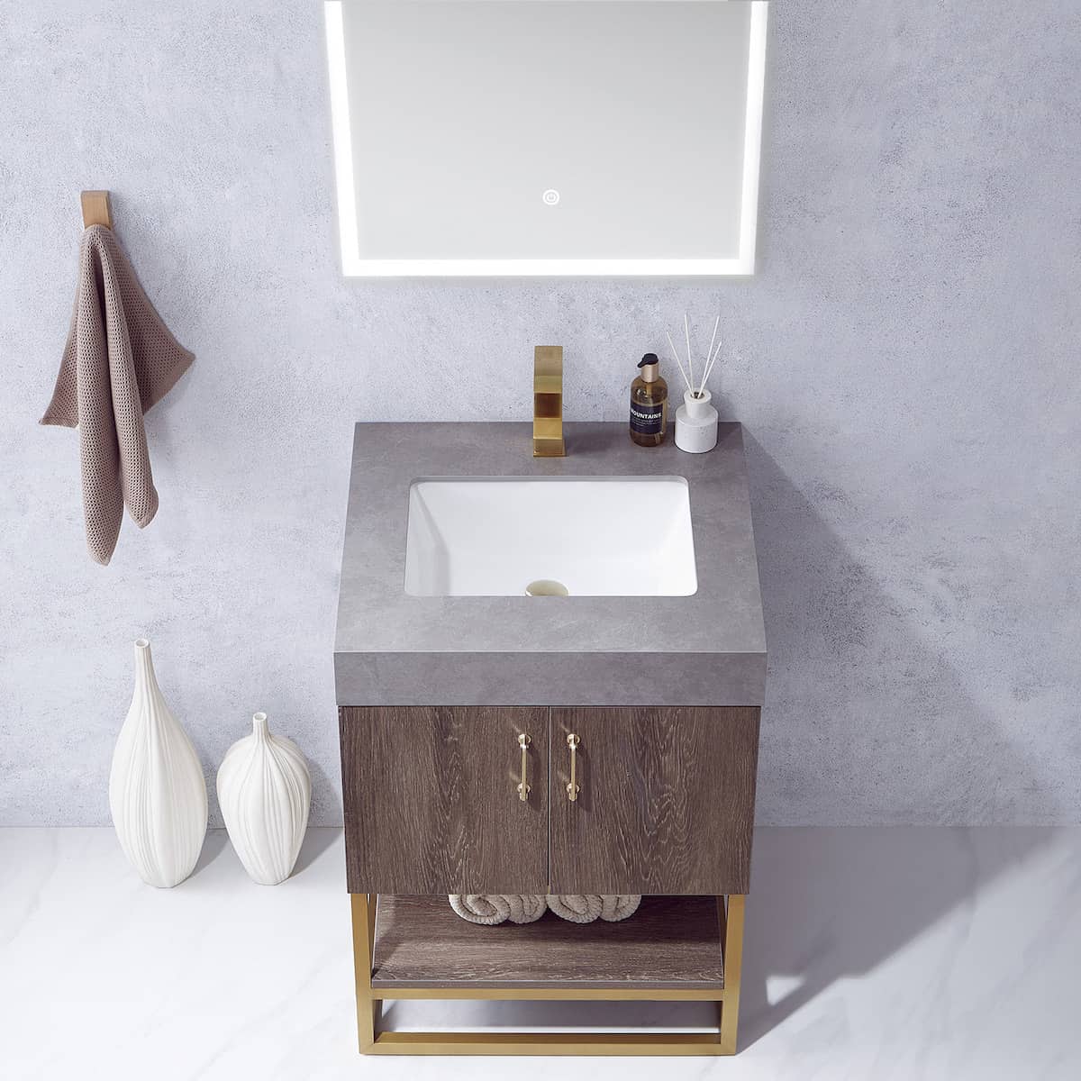 Vinnova Alistair 24 Inch Freestanding Single Vanity in North Carolina Oak and Brushed Gold Frame with  Grey Sintered Stone Top with Mirror Sink 789024-NC-WK
