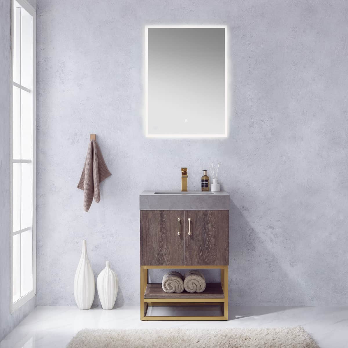 Vinnova Alistair 24 Inch Freestanding Single Vanity in North Carolina Oak and Brushed Gold Frame with  Grey Sintered Stone Top with Mirror in Bathroom 789024-NC-WK