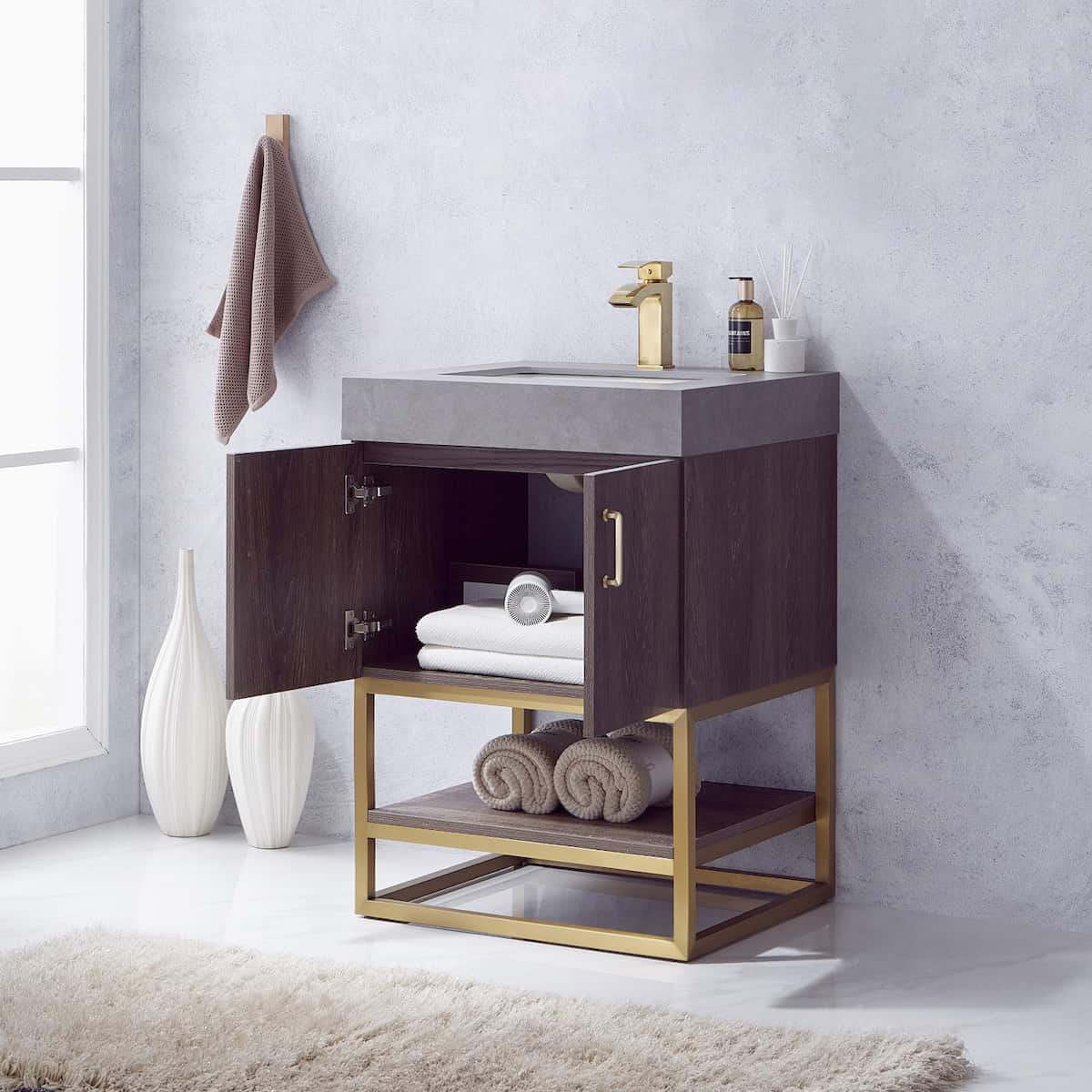Vinnova Alistair 24 Inch Freestanding Single Vanity in North Carolina Oak and Brushed Gold Frame with  Grey Sintered Stone Top without Mirror Inside 789024-NC-WK-NM