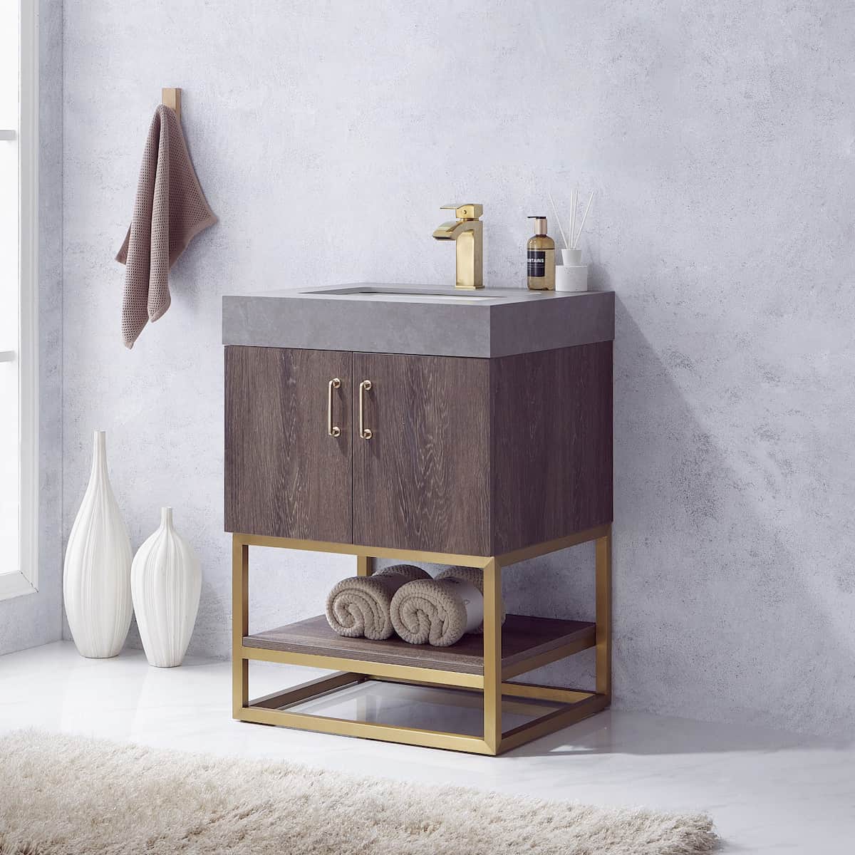 Vinnova Alistair 24 Inch Freestanding Single Vanity in North Carolina Oak and Brushed Gold Frame with  Grey Sintered Stone Top without Mirror Side 789024-NC-WK-NM
